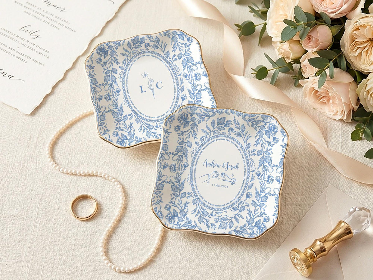 Personalized Toile Wedding Jewelry Dish, Custom Initials Ceramic Ring Dish image 7