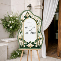 Emerald Green Floral Stained Glass Wedding Welcome Sign, Custom Couple Names, Text and Date, Personalized Reception Decor
