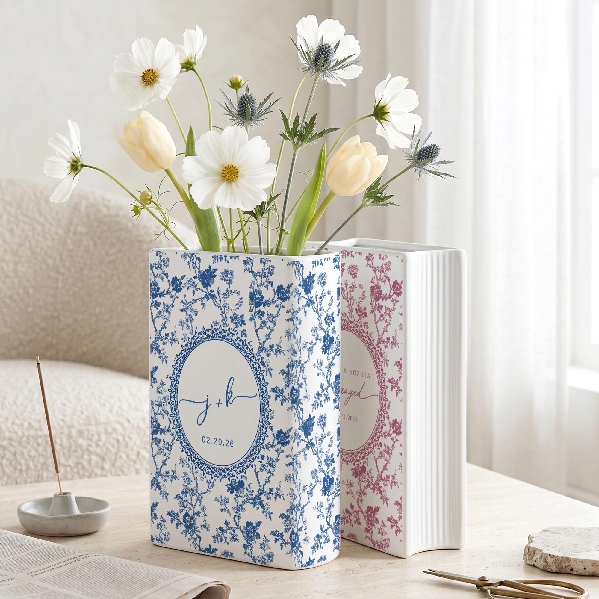 Personalized Wedding Ceramic Book Vase, Custom Wedding Vase, Toile de Jouy Vase, Couple Initial Gift, Bridal Shower Gift