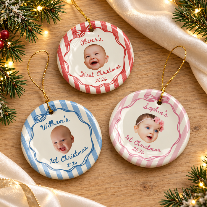 Personalized Striped Baby Photo Ornament – Baby's First Christmas