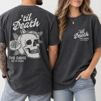Personalized ’Til Death Skeleton Bride Wedding Shirt, Gothic Married Couple Shirt, Wedding Date Newlywed Tee