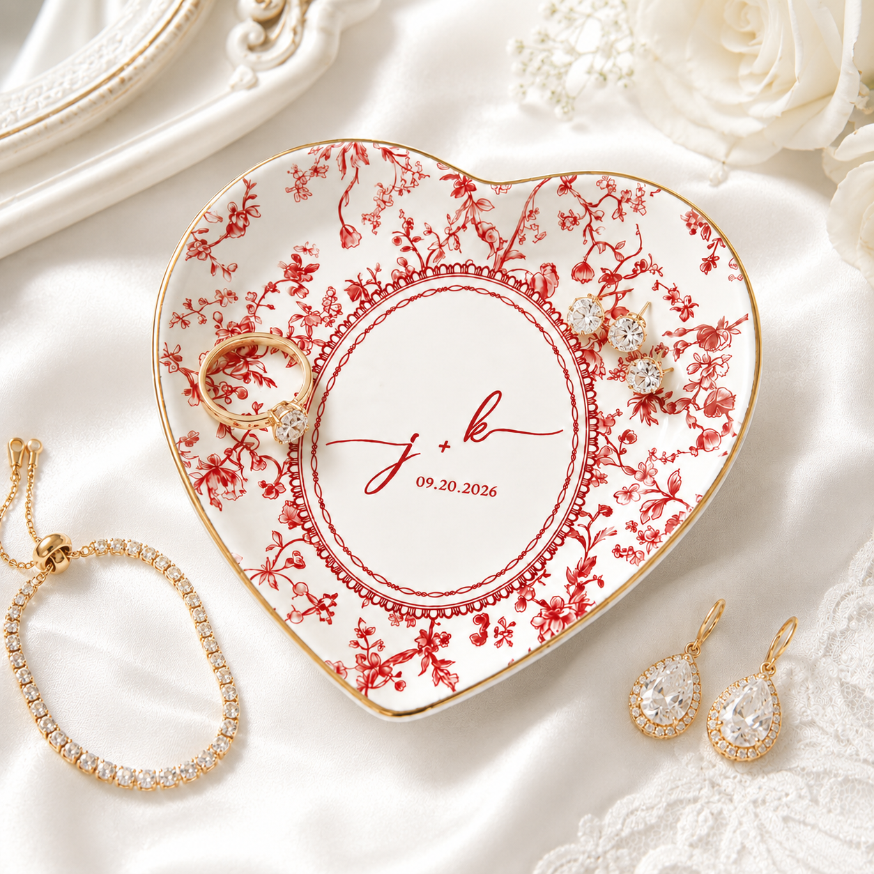 Personalized Toile De Jouy Jewelry Dish With Date- Gift for Bride, Bridesmaid, Bachelorette Trip, Bridal Shower Gift (Copy)