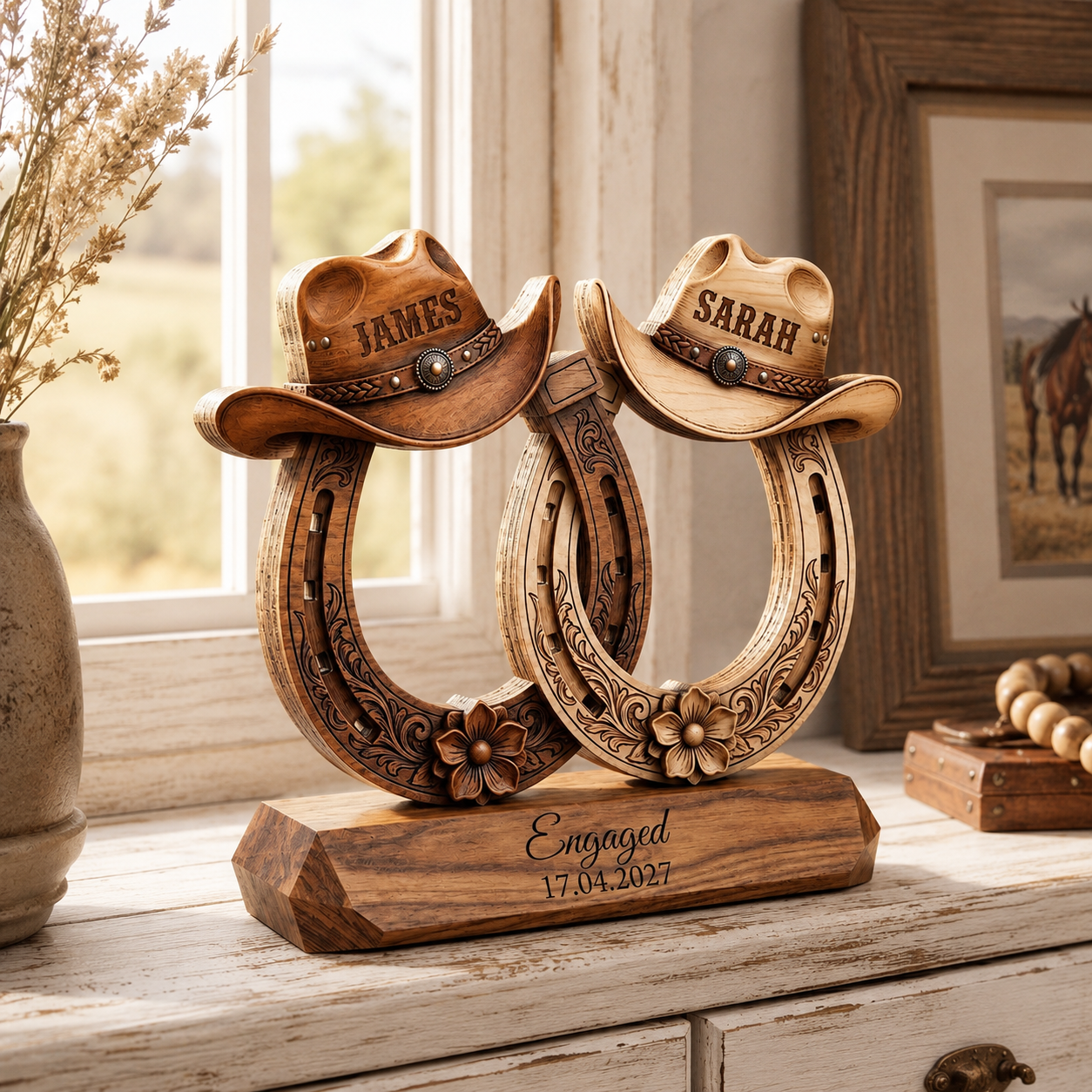 Custom Western Couple Wood Decor, Personalized Cowboy Hat Horseshoe Sign, Rustic Engagement Centerpiece, Bride And Groom Gift