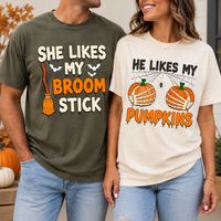 She Likes My Broomstick Shirt He Likes My Pumpkins Shirt Funny Halloween Couples Outfit Spooky Season Matching T-shirts Risqué Adult Humor