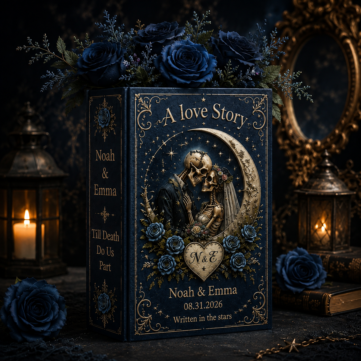 Personalized Gothic Wedding Book Vase, A Love Story Skeleton Couple Vase, Custom Names and Date, Engagement Wedding or Anniversary Gift