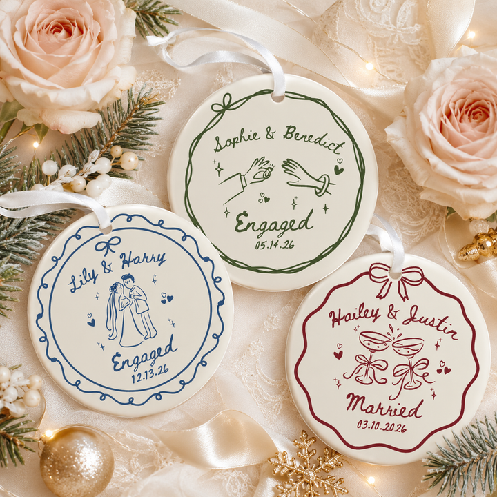 Personalized Engagement Ceramic Ornament for Couples, Custom Names & Date Keepsake, Wedding Gift for Bride & Groom