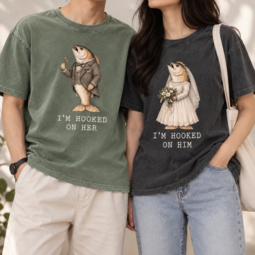 I'm Hooked on Him & Her Bride and Groom Fish Comfort Colors Tees