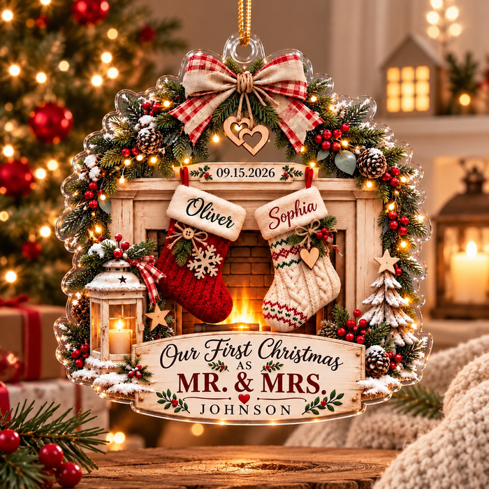 Personalized Mr & Mrs Fireplace Stocking Ornament – First Christmas