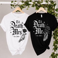Matching Til Death Mr & Mrs Shirts for Wedding, Custom Year Gothic Couple T-Shirts, Newlywed Gift for Bride Groom, Halloween Wedding Shirts