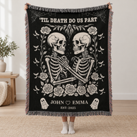 Skeleton Couple Till Death Blanket, Personalized Skeleton Lovers Wedding Blanket, Spooky Goth Couple Halloween Gift, Valentines, Anniversary