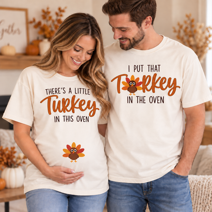 Turkey In The Oven Comfort Colors Shirts – Thanksgiving Pregnancy Couple Gift