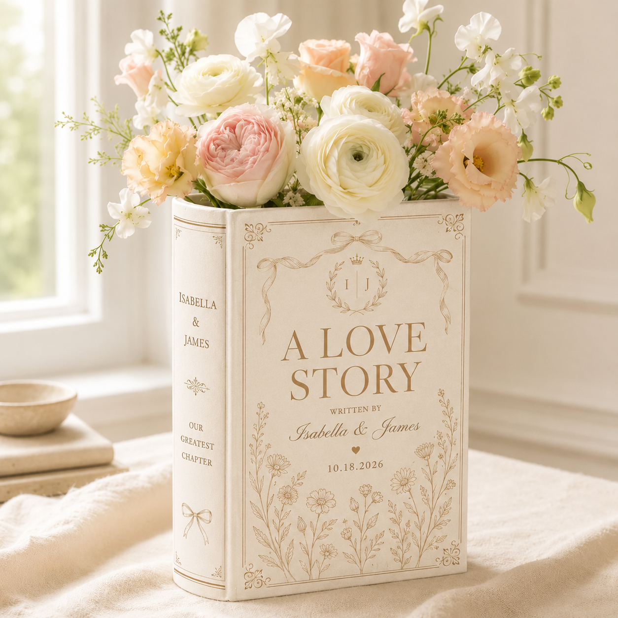 Personalized Ceramic Book Vase, Custom Wedding Love Story Flower Vase With Names,  Couple Decor Gift