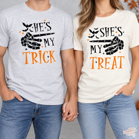 Matching Halloween Couple Shirts, He’s My Trick She’s My Treat Skeleton T-Shirts, Funny Couples Costume