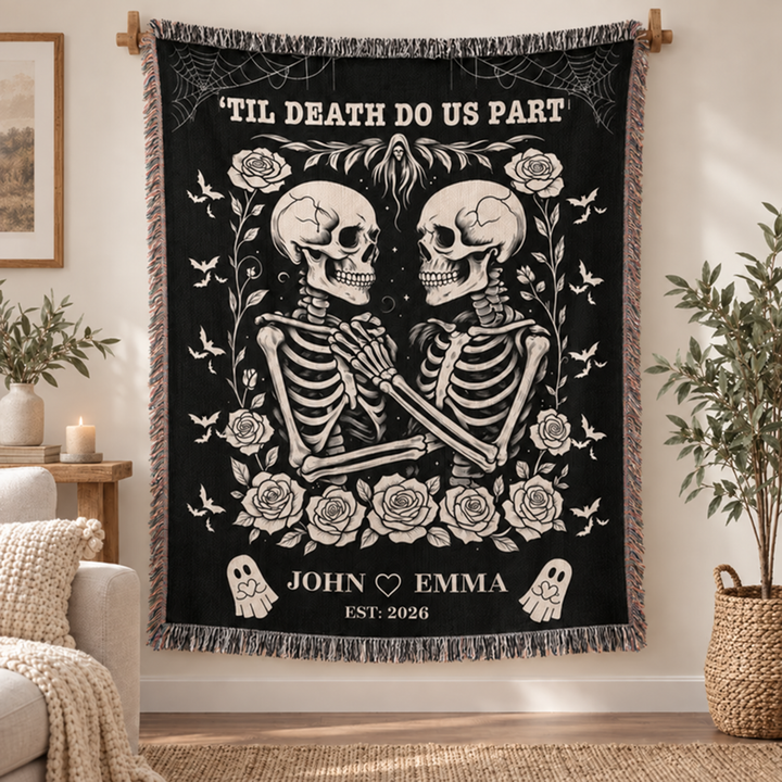 Skeleton Couple Till Death Blanket, Personalized Skeleton Lovers Wedding Blanket, Spooky Goth Couple Halloween Gift, Valentines, Anniversary