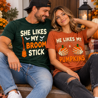 She Likes My Broomstick Shirt He Likes My Pumpkins Shirt Funny Halloween Couples Outfit Spooky Season Matching T-shirts Risqué Adult Humor