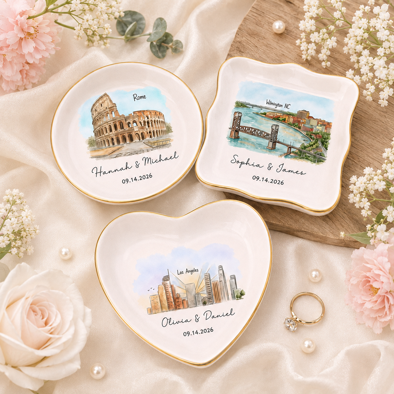 Custom Skyline Ring Dish, Personalized Engagement Trinket Tray for Couples ,Watercolor Landscape Wedding Keepsake