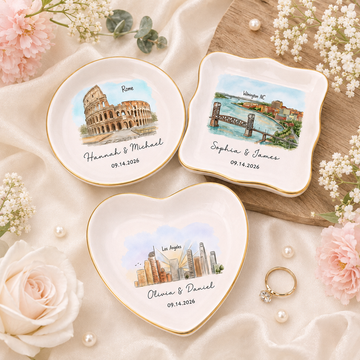 Custom Skyline Ring Dish, Personalized Engagement Trinket Tray for Couples ,Watercolor Landscape Wedding Keepsake