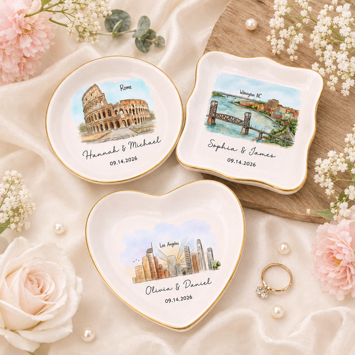 Custom Skyline Ring Dish, Personalized Engagement Trinket Tray for Couples ,Watercolor Landscape Wedding Keepsake