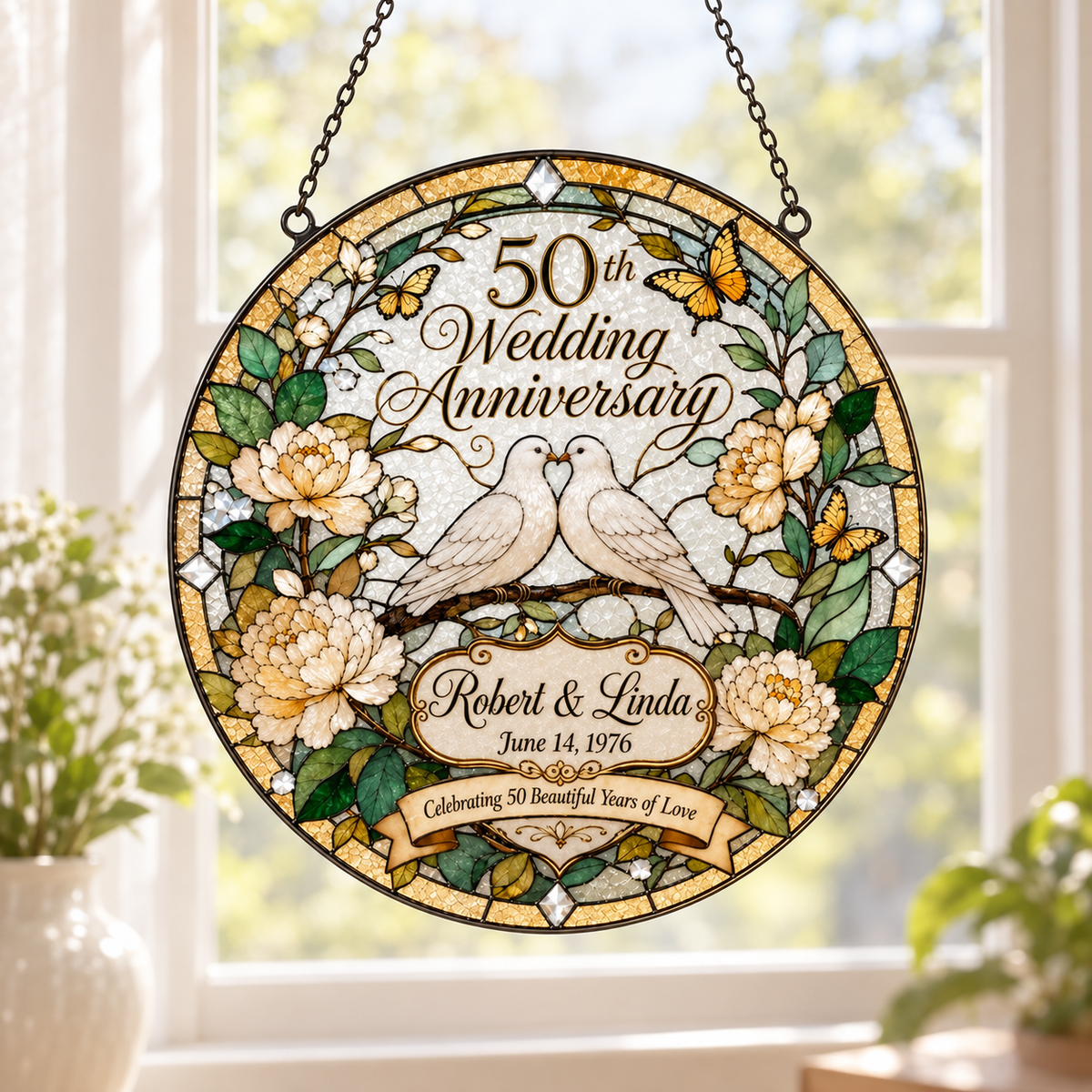 Personalized Dove 50th Anniversary Suncatcher – Golden Anniversary Gift