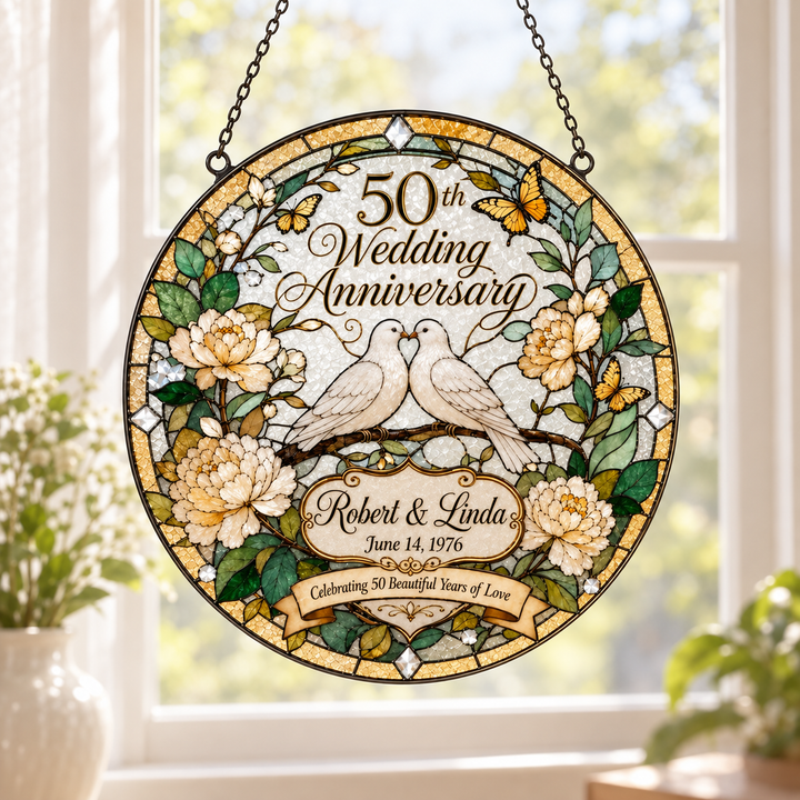 Personalized 50th Wedding Anniversary Suncatcher, Golden Anniversary Gift for Couple,Custom Stained Glass Style Window Hanging,Dove Keepsake