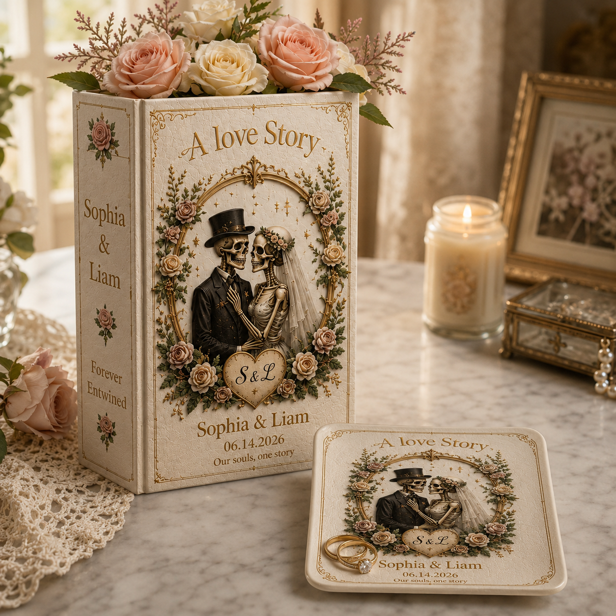 Personalized Gothic Wedding Book Vase, A Love Story Skeleton Couple Vase, Custom Names and Date, Engagement Wedding or Anniversary Gift