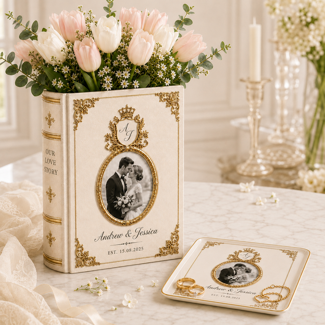 Custom Photo Toile De Jouy Ceramic Book Vase, Personalised Wedding anniversary Gift for Couple, Bridal Shower Gift, Engagement gift, Floral