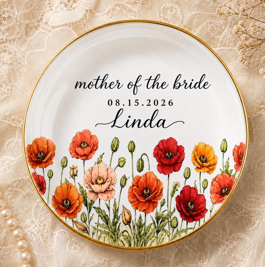 Personalized Birth Flower Wedding Jewelry Dish - Gift for Bride, Mom, Bridesmaid, Bachelorette Trip, Bridal Shower Gift