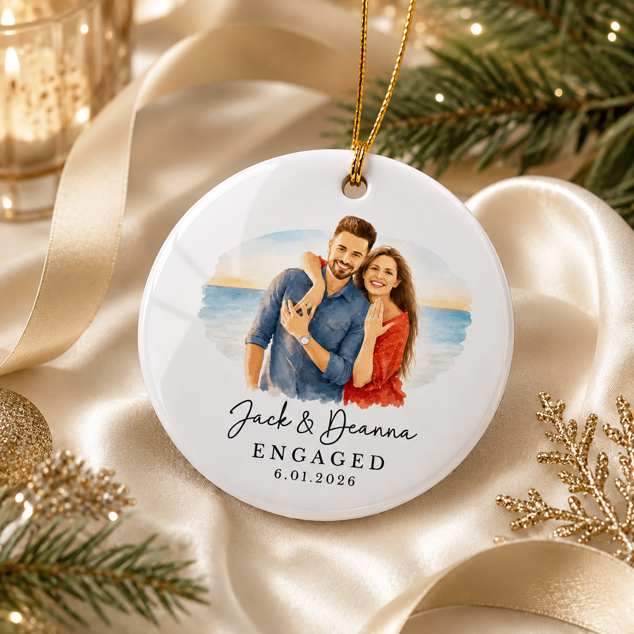 Personalized Engagement Ornament from Photo, Custom Watercolor Couple Portrait, Names & Date Keepsake Gift for Engaged Couples
