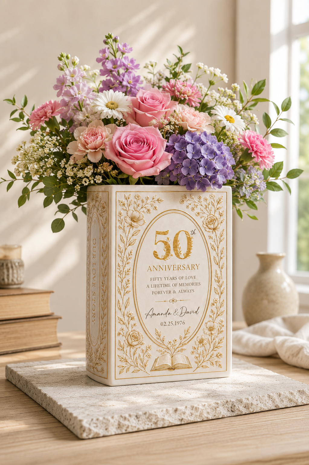 Personalized Milestone Anniversary Book Vase & Jewelry Dish Set, Custom Anniversary Year Couple Gift, Romantic Wedding Keepsake
