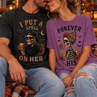 Matching Halloween Couple Shirts - I Put a Spell on Her & Forever His Skeleton Tees, Spooky Couples Gift
