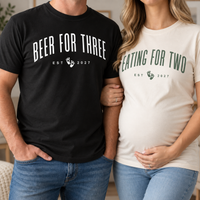 Personalized Eating For Two Beer for Three Pregnant Shirt, Matching Couple Announce Pregnant Tee, Funny Pregnancy Announcement Shirt, Baby Revealing Shirt Unisex