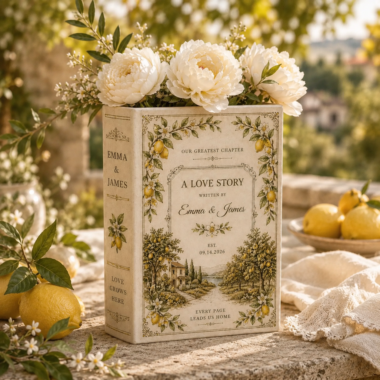 Personalized Lemon Book Vase, Amalfi Coast Wedding Gift, Custom Ceramic Vase for Newlyweds & Engaged Couples