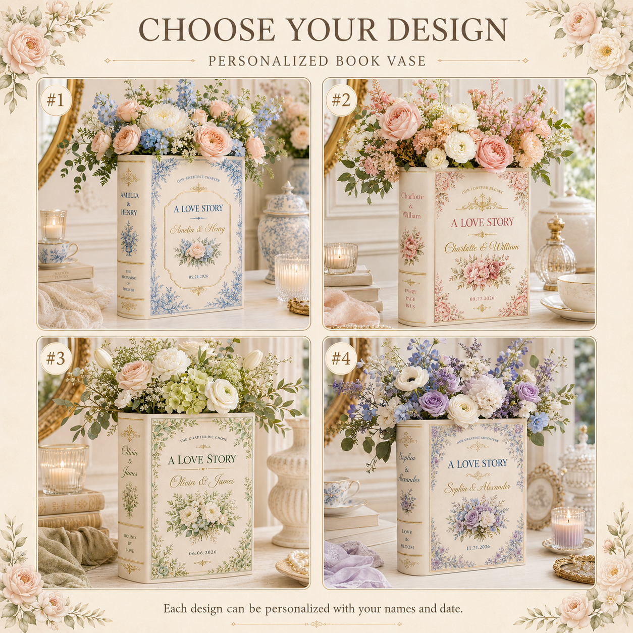 Personalized Ceramic Book Vase & Jewelry Dish Set , Custom Wedding Love Story Flower Vase With Names and Wedding Date