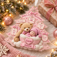 Personalized Baby & Teddy Birth Stats Tree Ornament – First Christmas