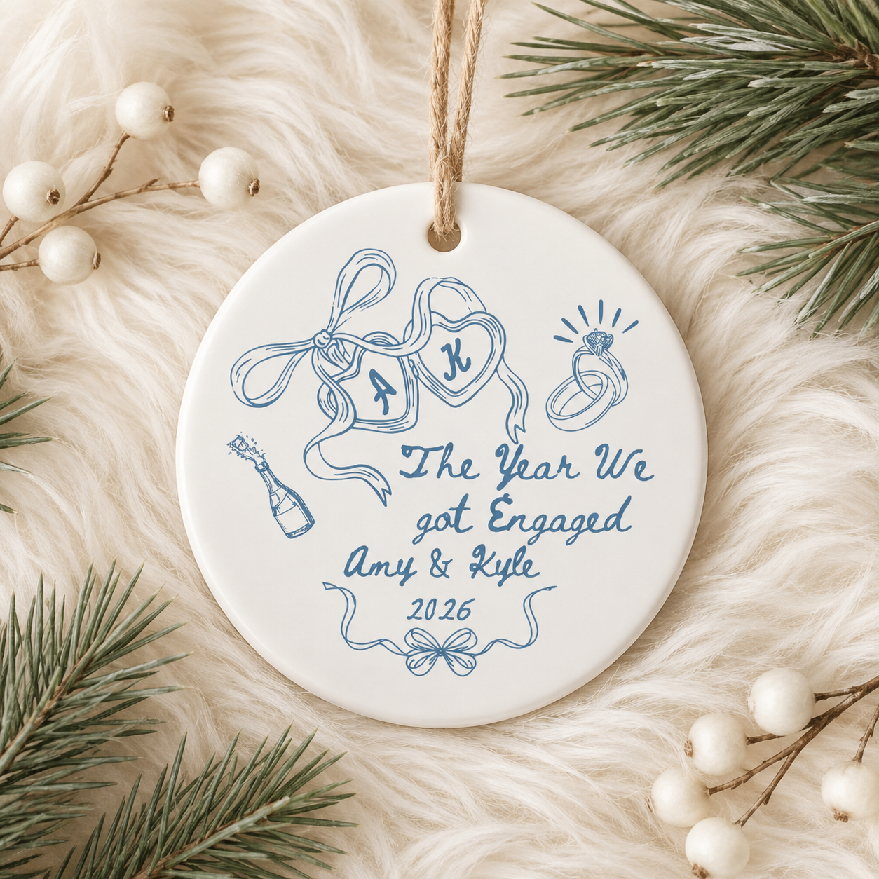 Personalized Engagement Ceramic Ornament, Custom Names & Year Keepsake for Couples, The Year We Got Engaged Gift for Bride-to-Be
