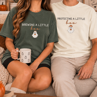 Halloween Pregnancy Couple Shirts for Expecting Parents, Brewing & Protecting a Little Boo Tees, Spooky Baby Announcement Gift