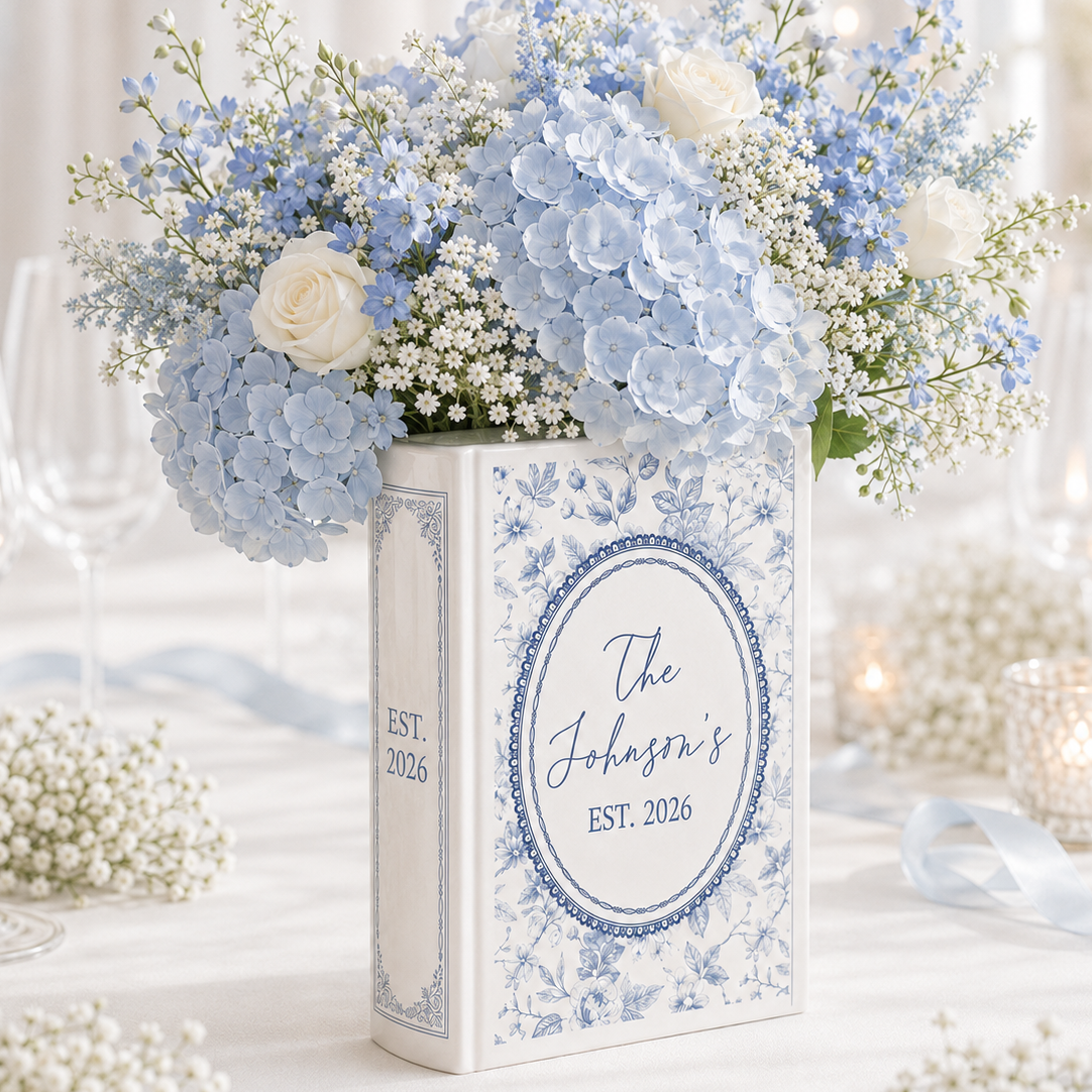 Custom Toile de Jouy Family's Name Ceramic Book Vase