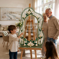 Emerald Green Floral Stained Glass Wedding Welcome Sign, Custom Couple Names, Text and Date, Personalized Reception Decor