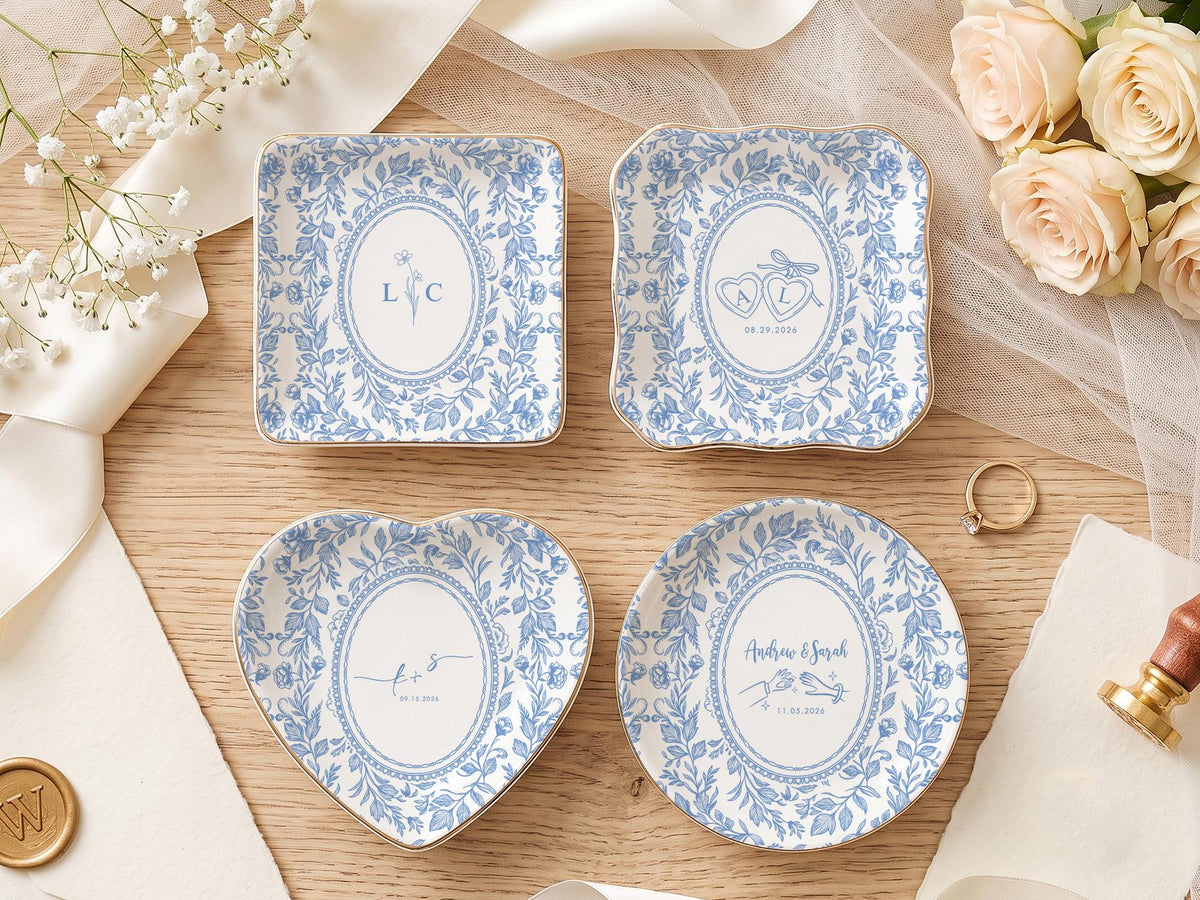 Personalized Toile Wedding Jewelry Dish, Custom Initials Ceramic Ring Dish image 8