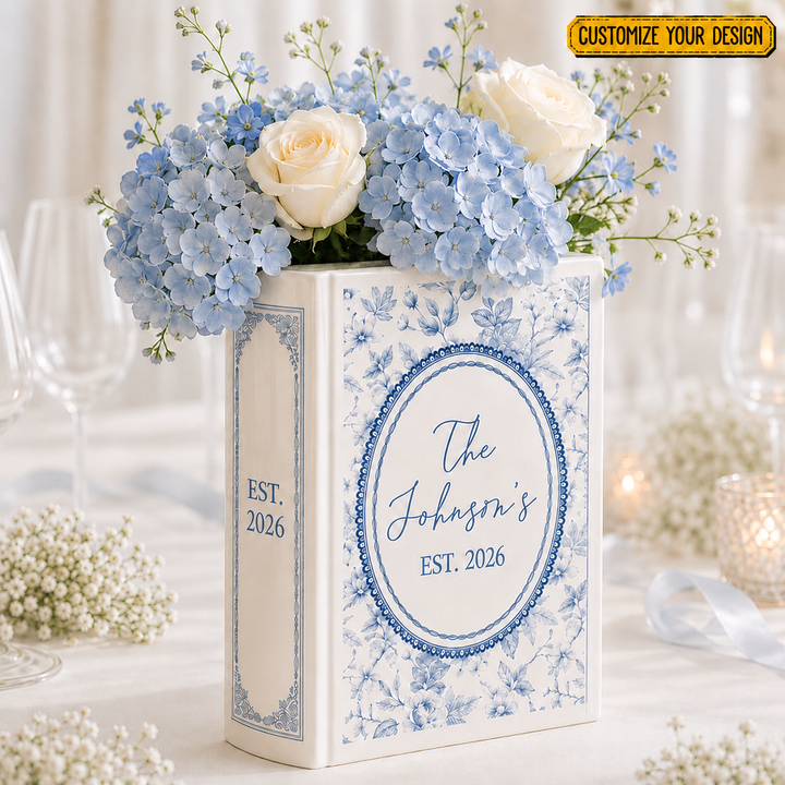 Custom Toile de Jouy Family's Name Ceramic Book Vase