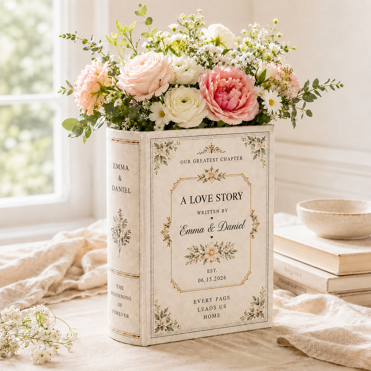 Personalized Ceramic Book Vase, Custom Couple Names and Wedding Date, Love Story Wedding Keepsake