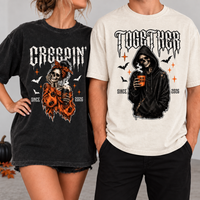 Personalized Creepin’ Together Couple Shirts, Custom Year Skeleton Halloween Tees, Matching Spooky Gift