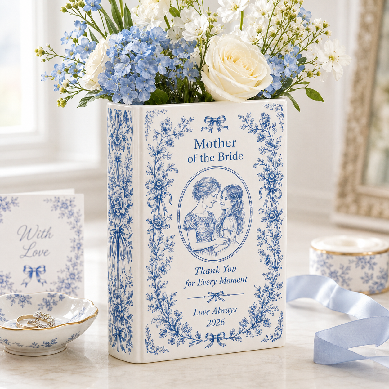 Personalized Mother of the Bride Ceramic Book Vase, Custom Mom Photo Wedding Gift, Floral Keepsake, Thank You Gift