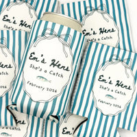 Personalized She’s a Catch Bachelorette Can Cooler, Custom Coastal Can Sleeve, Fisherman Bridal Party Favor, Beach Bach Gift