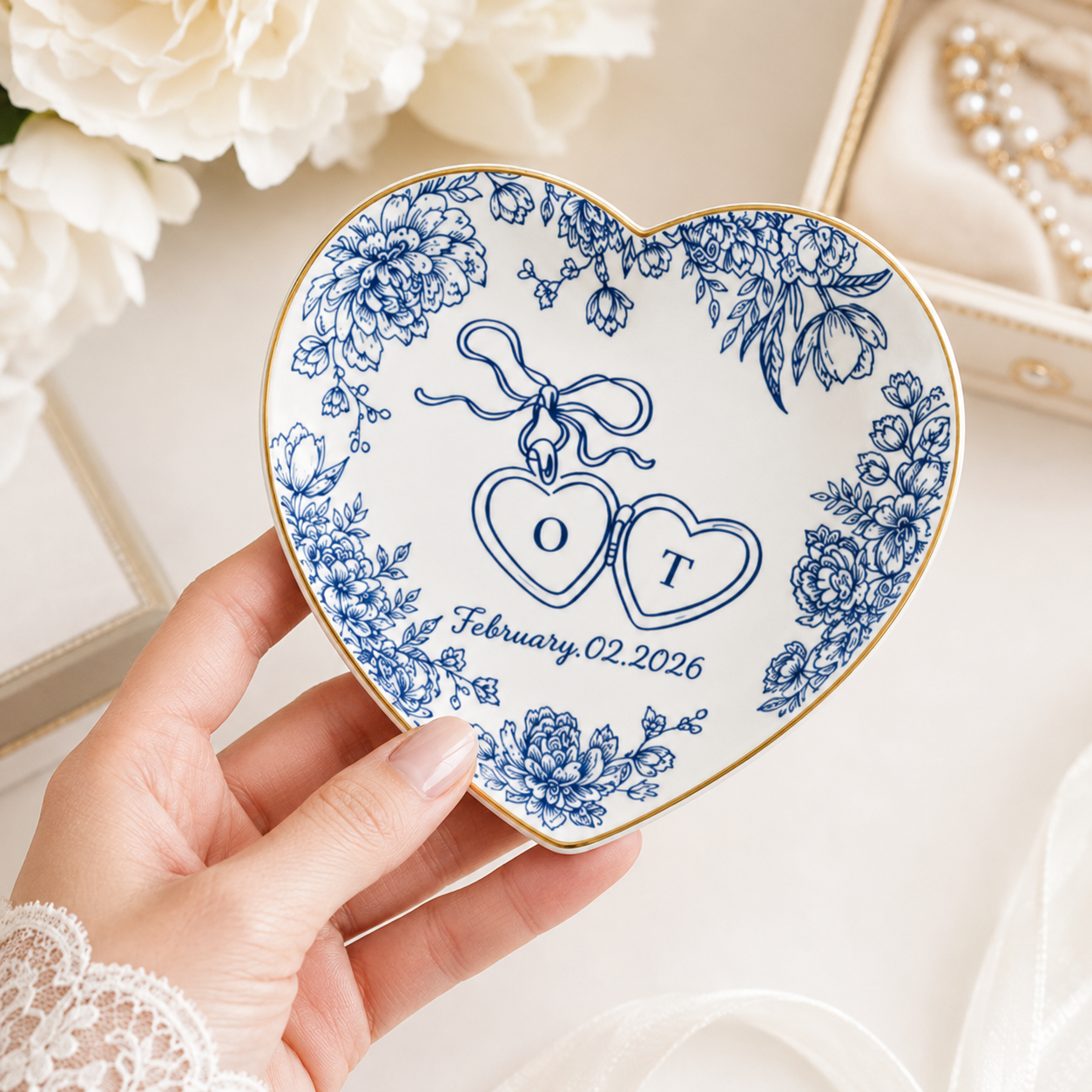 Personalized Toile De Jouy Wedding Jewelry Dish - Gift for Bride, Bridesmaid, Bachelorette Trip, Bridal Shower Gift