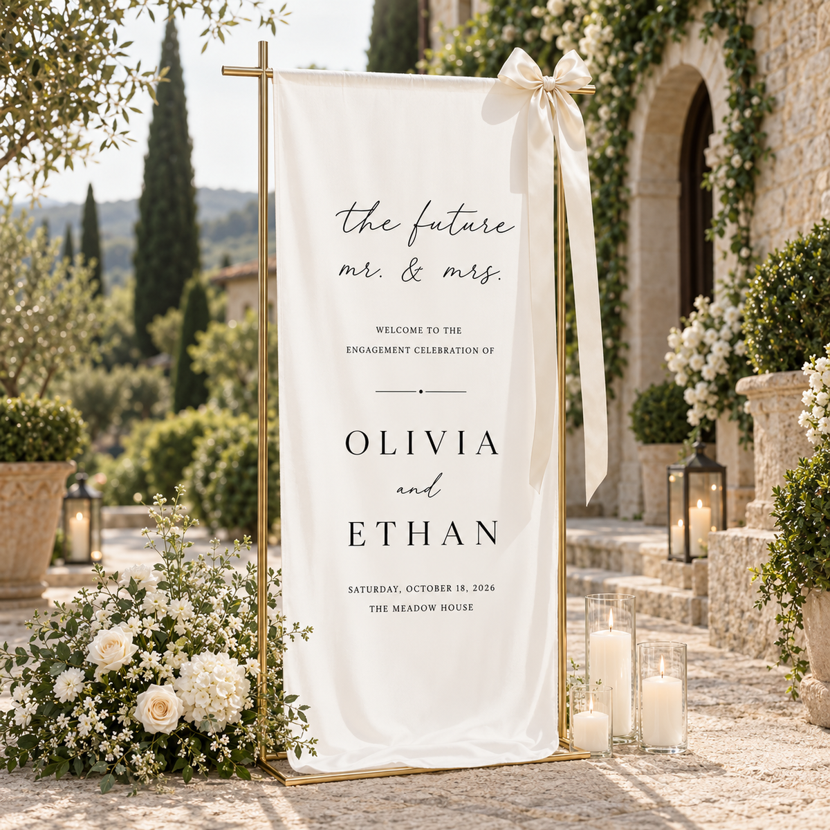 Personalized Future Mr & Mrs Linen Engagement Sign – Names, Date & Venue
