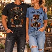Halloween Matching Couple Shirts, Matching Skeleton Couple Tees, I Put a Spell on Her & Forever His, Spooky Couples Halloween Gift