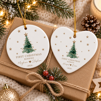 Personalized First Christmas Married Ornament, Custom Couple Names and Wedding Date, Round or Heart Ornament, Newlywed Gift