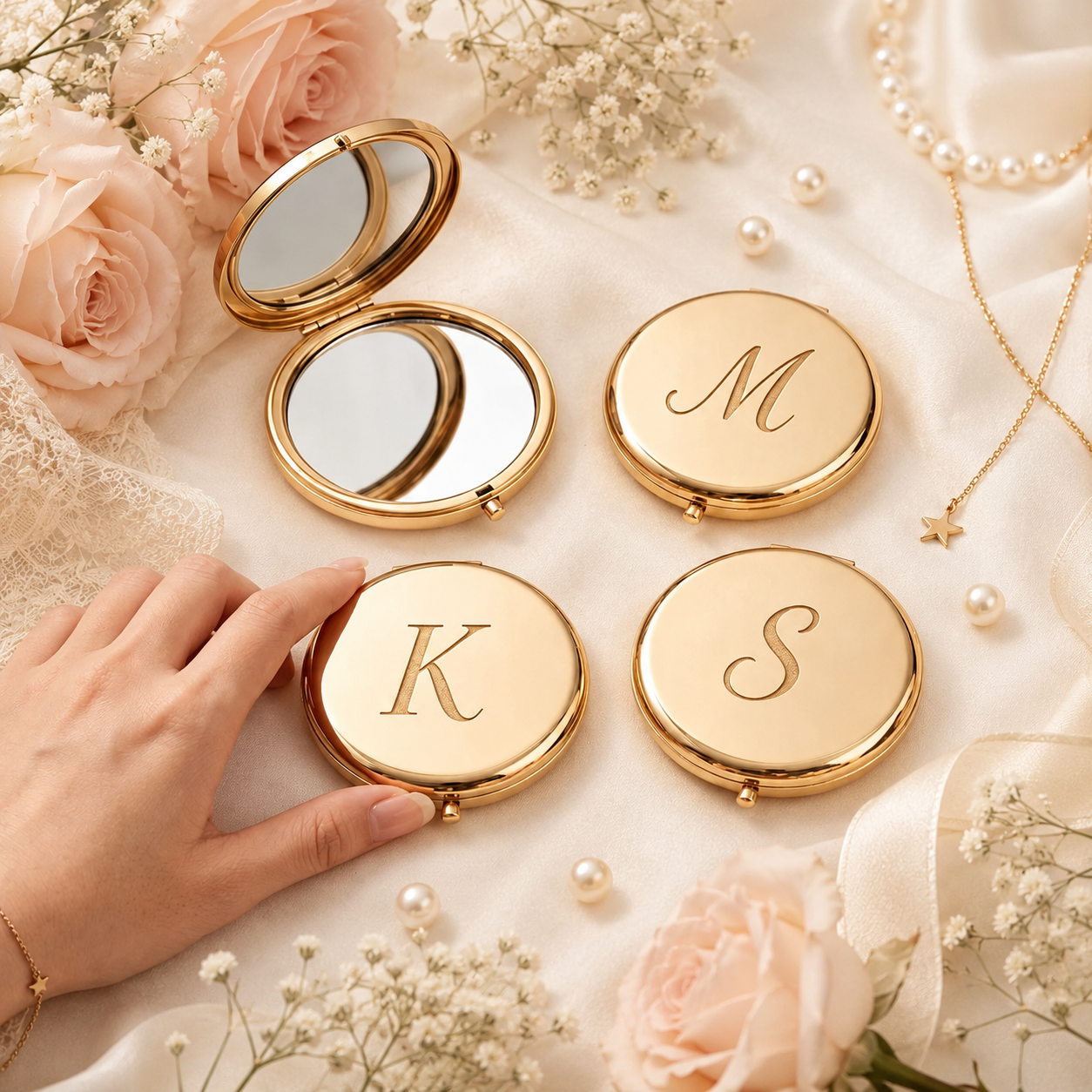 Personalized Gold Compact Mirror for Bridesmaids, Custom Engraved Monogram Pocket Makeup Mirror