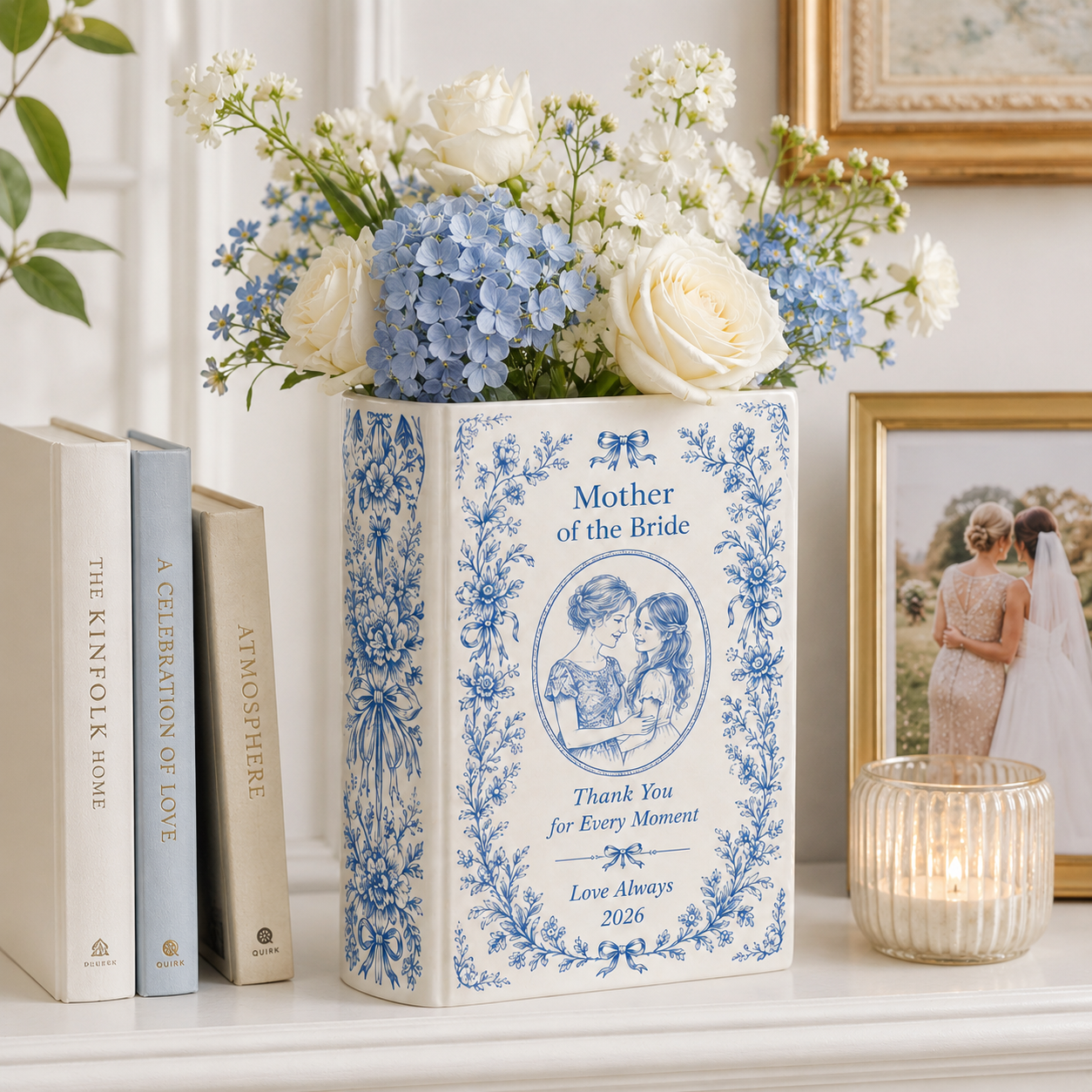 Personalized Mother of the Bride Ceramic Book Vase, Custom Mom Photo Wedding Gift, Floral Keepsake, Thank You Gift
